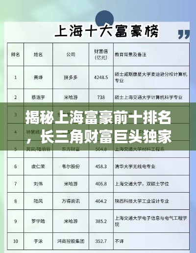 揭秘上海富豪前十排名,长三角财富巨头独家曝光
